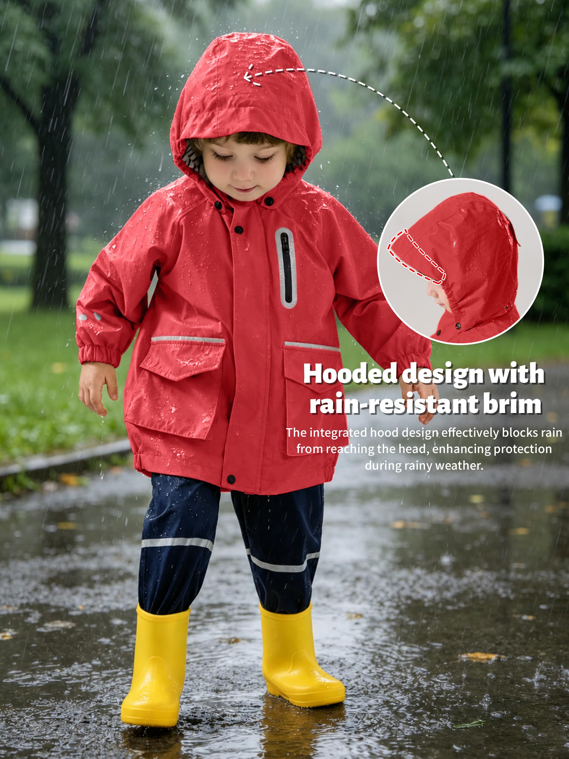 Volunboy Veste de Pluie Imperméable pour Enfants, Coupe-Vent Léger à Capuche Amovible, Bandes Réfléchissantes, Fille & Garçon 2-6 Ans