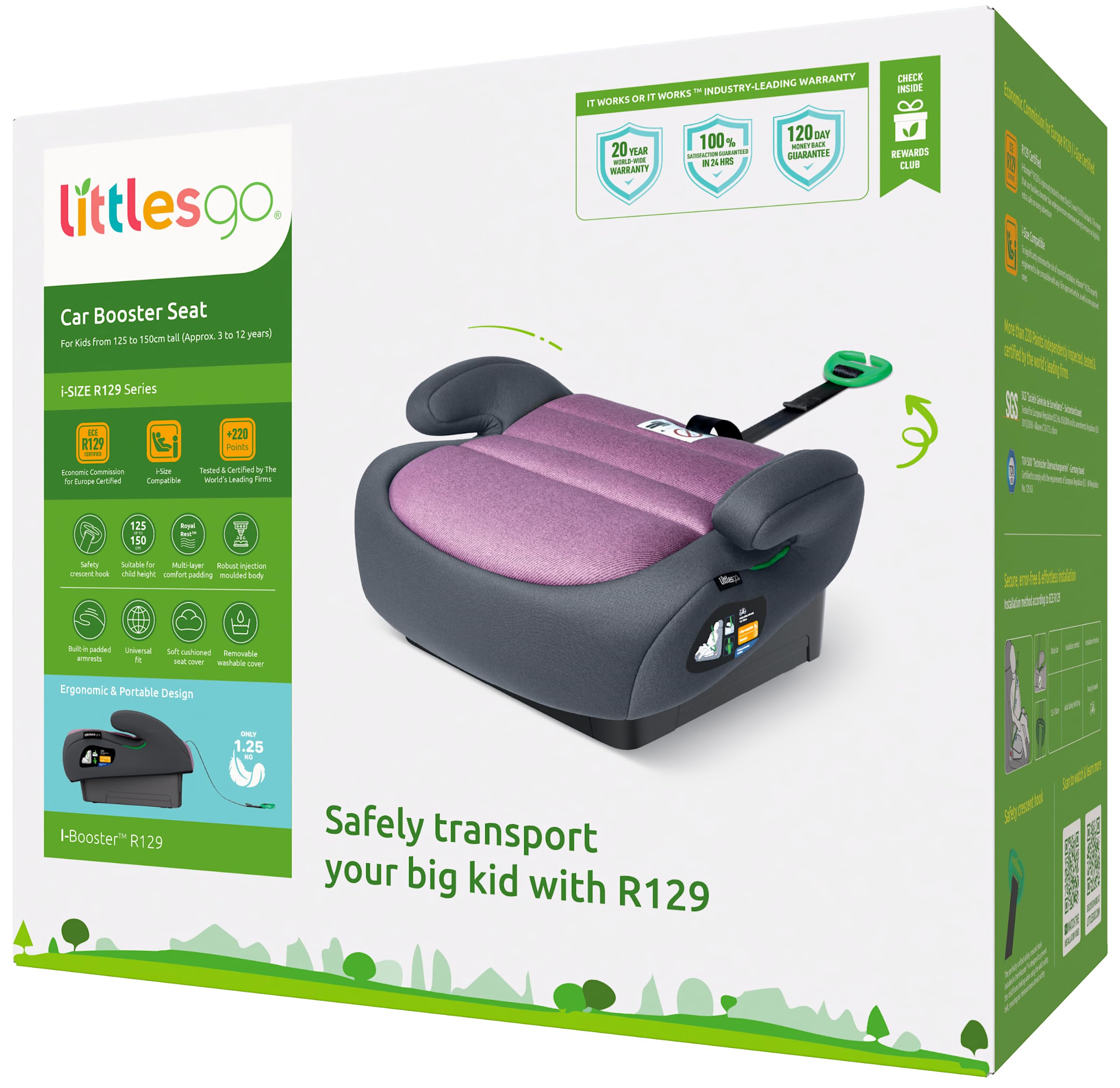 Littlesgo I-Booster Car Seat, i-Size R129, 125-150cm (3-12 Yrs), Pink