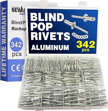 New Age America 342pcs Blind Pop Rivets & Backup Washers | 3/32" to 1/4" | Silver | 14 Sizes | SAE Size Aluminum Rivets & 304 Stainless Steel Backup Washer | Rivet Kit w Steel Mandrel | Labelled Case