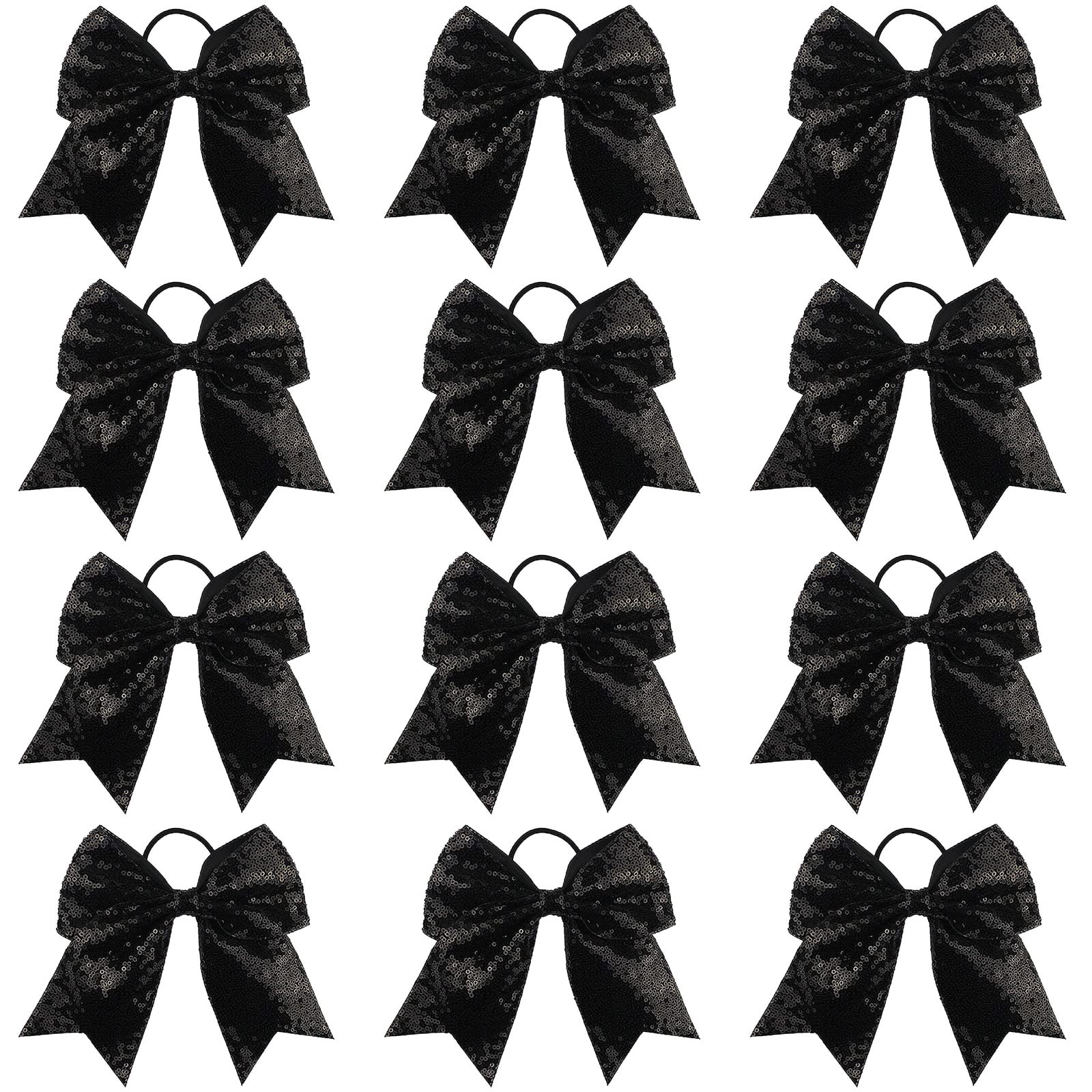 Caenagrion 12 PCS 7" Sequin Black Cheer Hair Bows Ponytail Holder Elastic Band Handmade for Cheerleaders Teen Girls College Sports