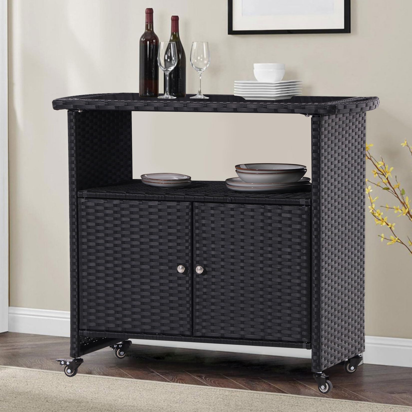 Siurciu All-Weather PE Wicker Bar Cabinet with Galvanized Steel Frame - 2-Door Outdoor Waterproof Storage Cabinet for Home Bar, Wine Storage &