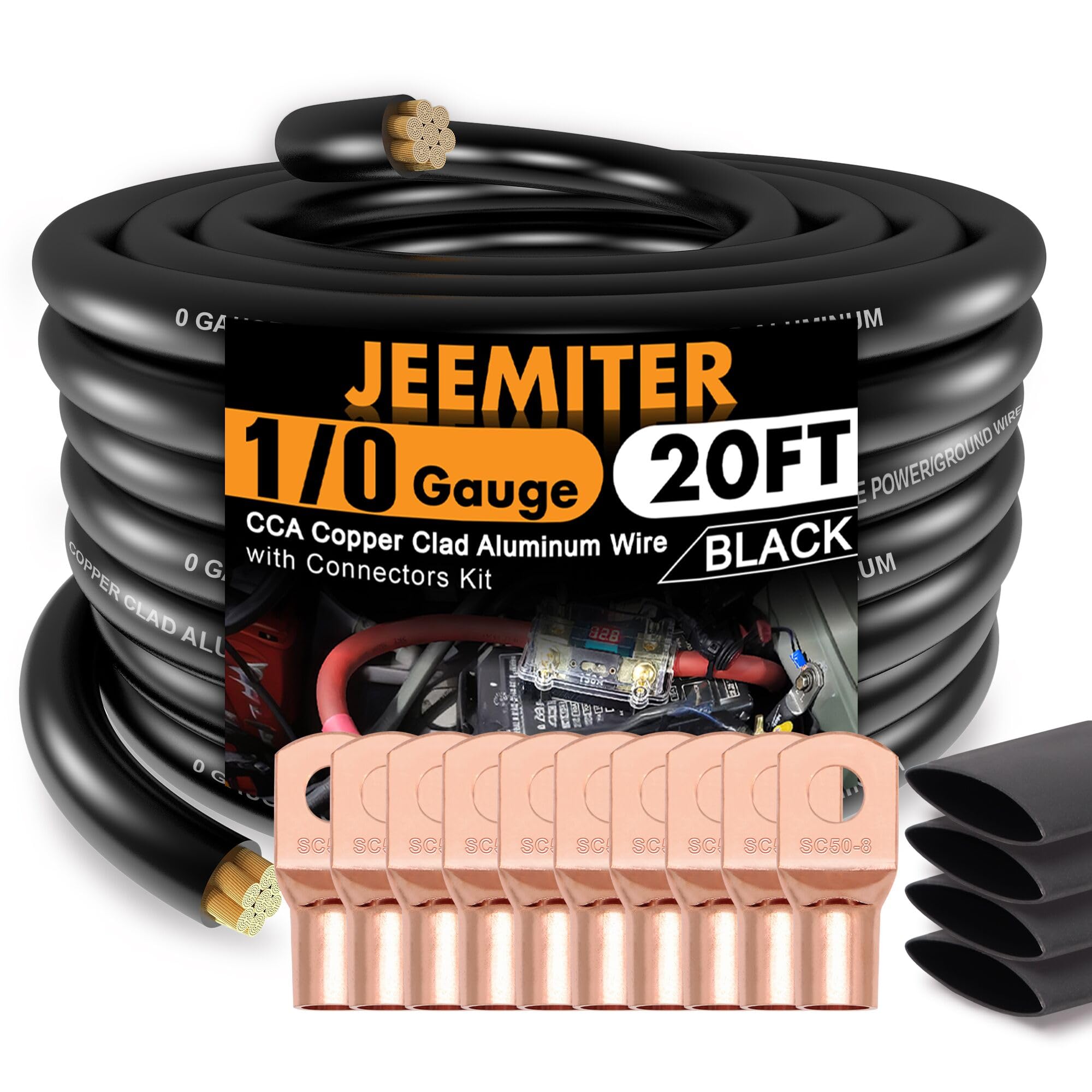 1/0 Gauge Black CCA Wire (20ft Single Roll) - Replacement Ground Cable for Car Amplifier & Big 3 Upgrade | Includes Terminals & Heat Shrink