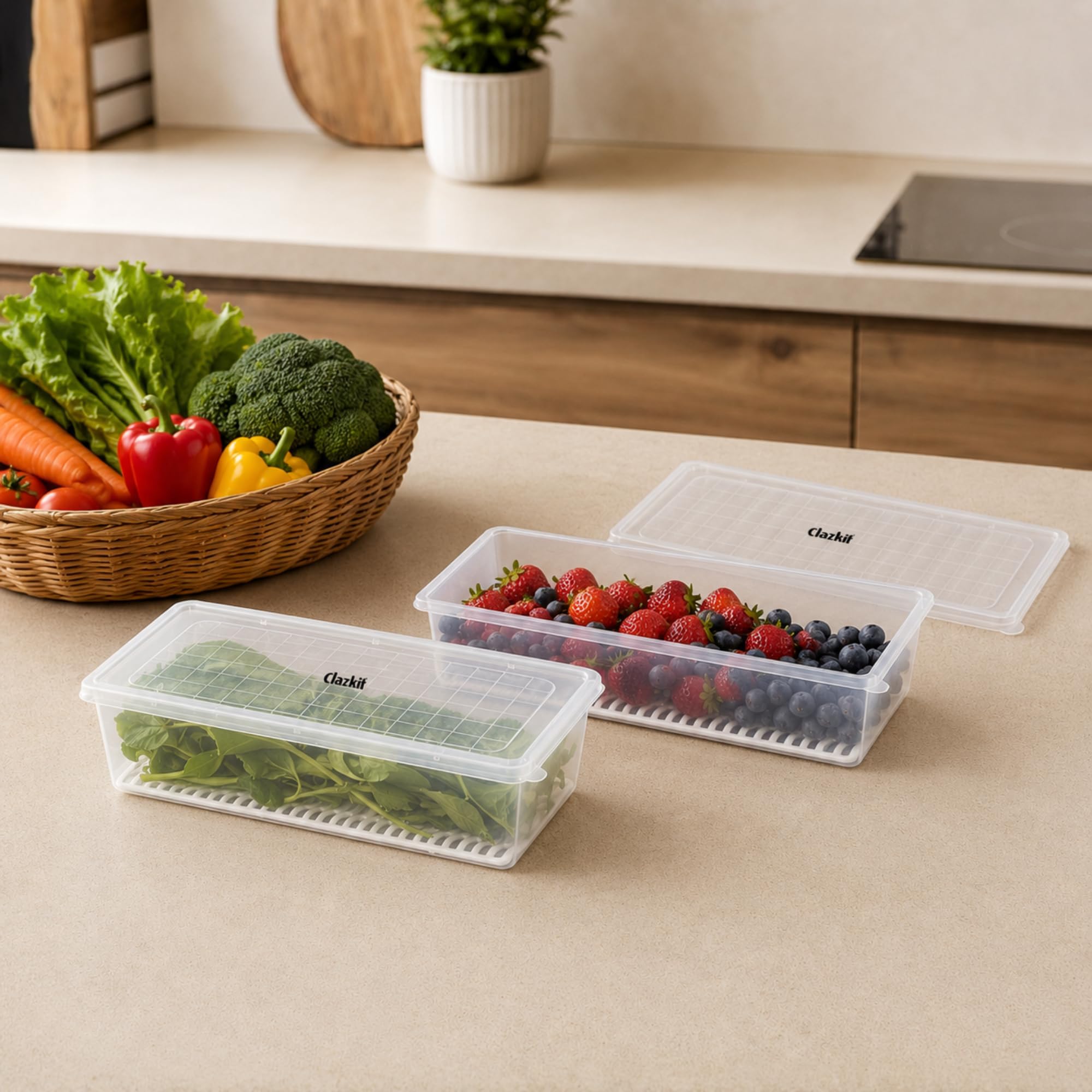 Clazkit Plastic Food Storage Containers,Fridge Organizer For Keep Fruits, Vegetables, Meat, Fish Fresh And Dry-1500 Ml - Pack Of 2, Transparent