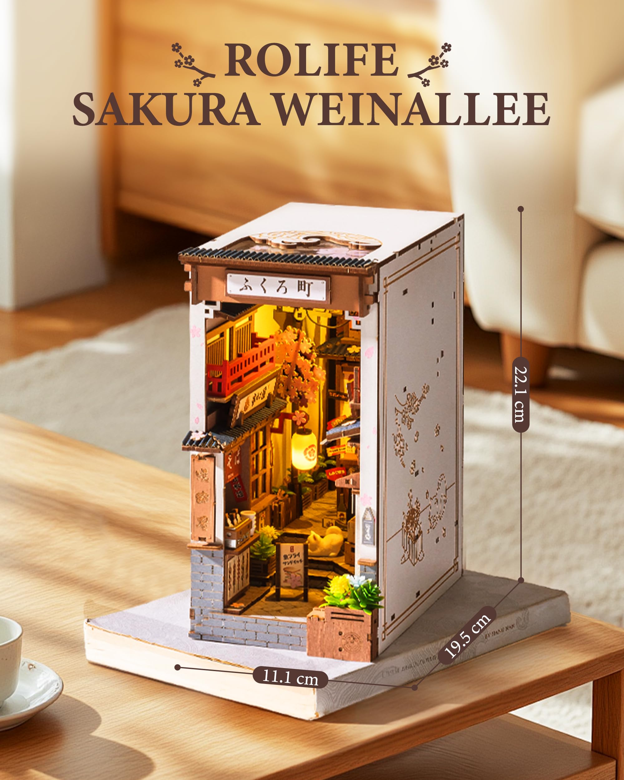 Rolife Book Nook Kit für Erwachsene DIY Miniature House mit Licht Sakura Wine Alley Booknook Bausatz 3D-Holzpuzzle Bücherstütze für Regal Bibliothek Bücherregal Dekoration