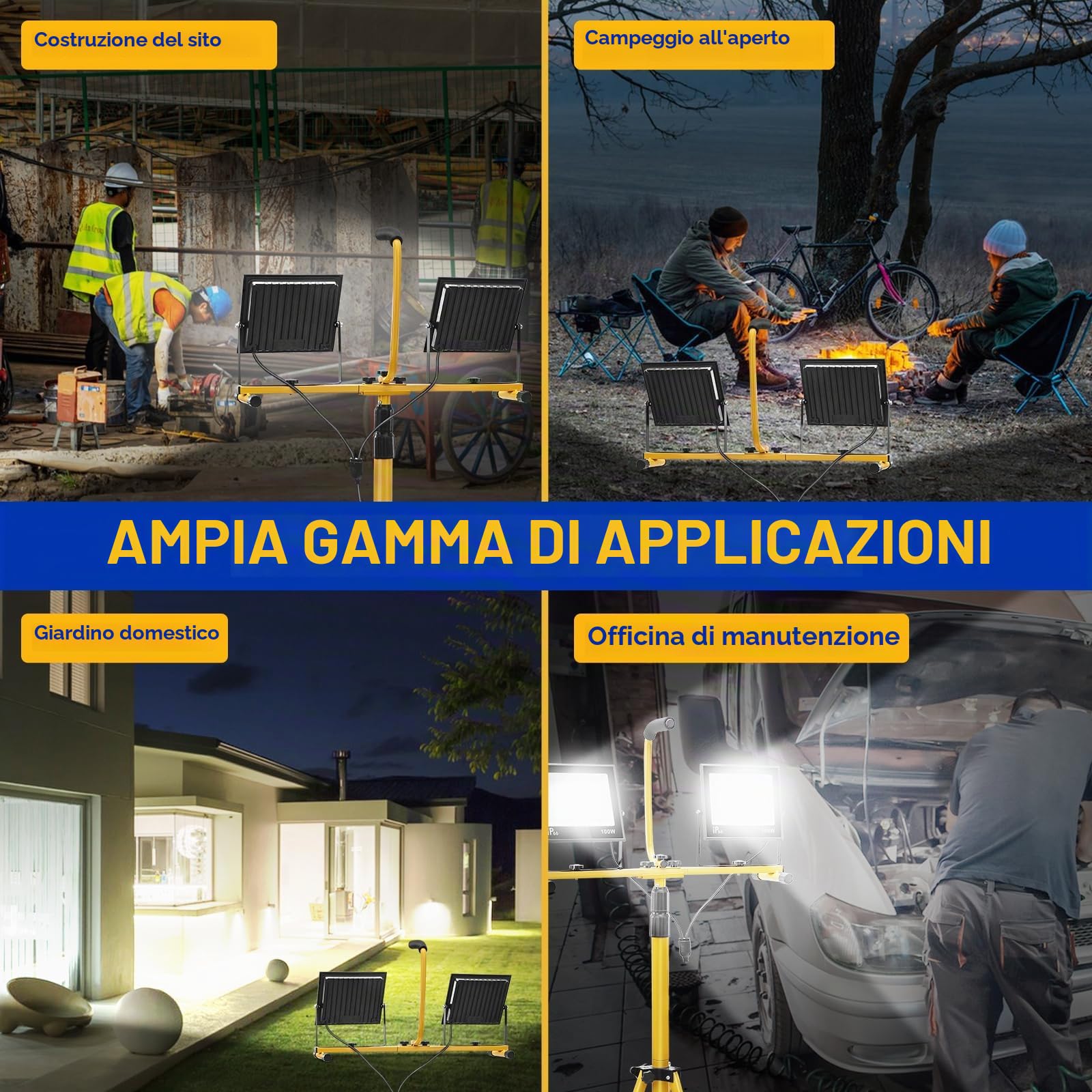 Yofuly 200W Faretto da Cantiere LED, 21,000 Lumen Luci da Lavoro con Treppiede Telescopico, Lampada da Lavoro con Cavo 3M, Impermeabile IP66 per Cantiere, Riparazione, Campeggio, costruzione