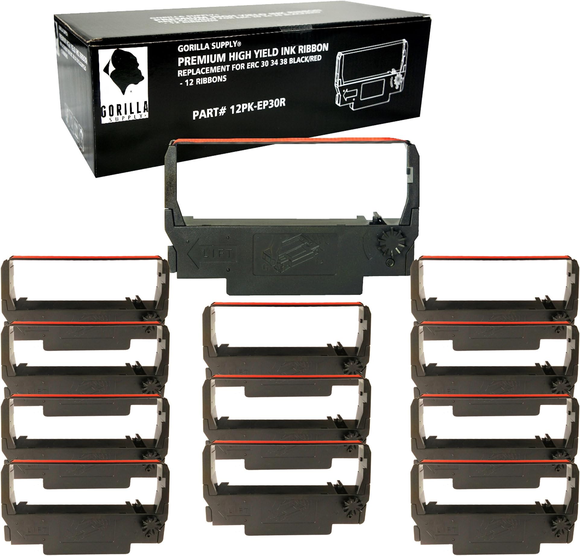 GORILLA SUPPLY Compatible Ink Ribbon Replacement for ERC 30 34 38 B/R ERC38 NK506, Compatible for POS Receipt Printers, Sealed Individual Pack, 12-Packs (Black/Red)