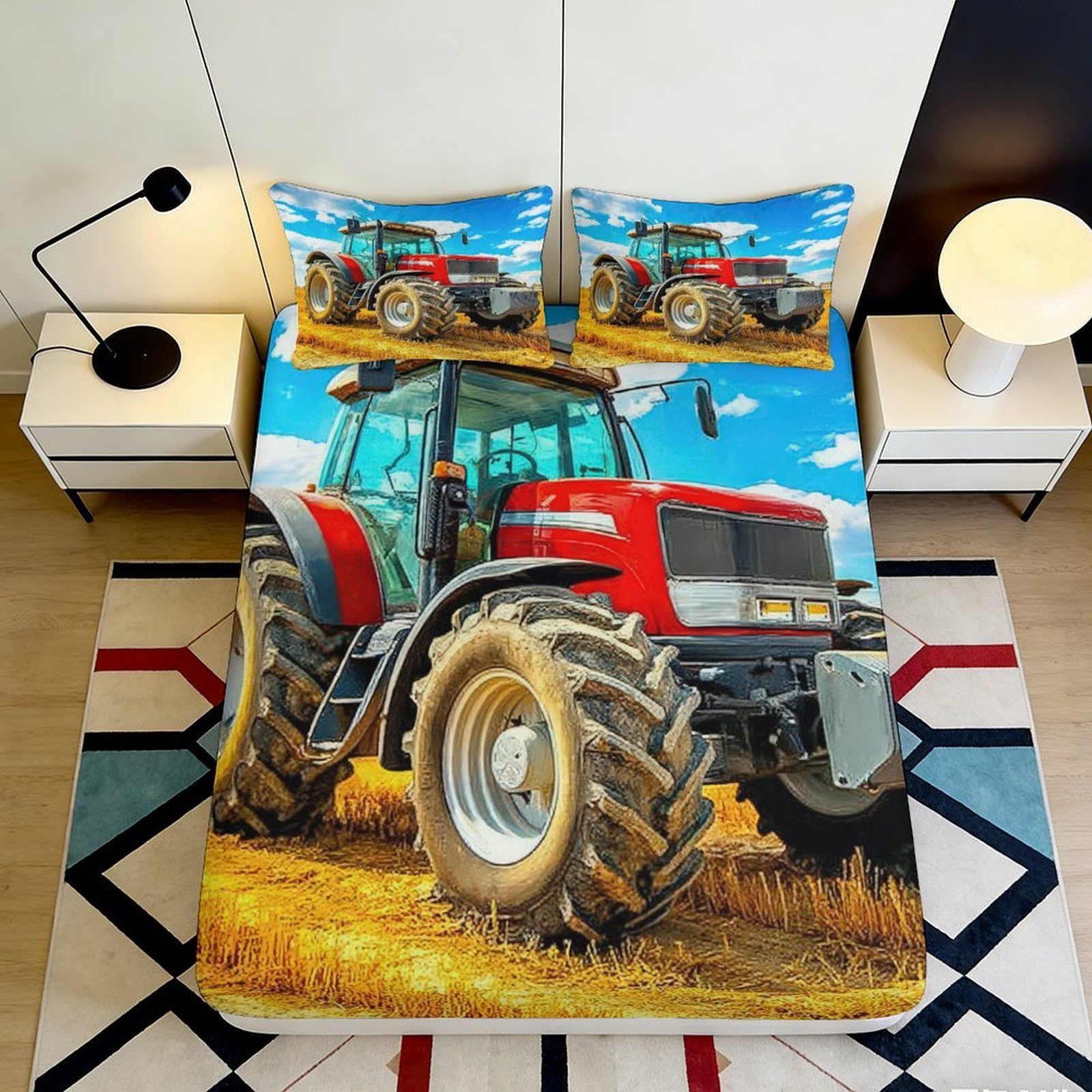 3D Printed Red Tractor Fitted Sheet Microfiber Anti-Slip Farm Machinery Mattress Cover for Bedroom Dorm Easy Care 160x200x25cm