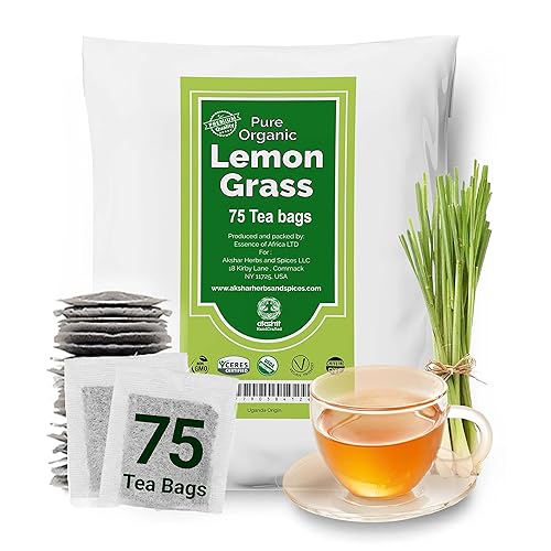 Akshit 75 bolsas de té de hierba de limón orgánico, hojas de citronela pura, té de hierbas de limoncillo, té de hojas de limoncillo, certificado por