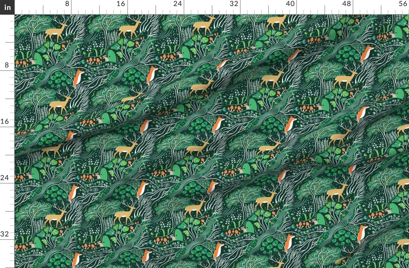 Spoonflower Fabric - Woodland Forest Animals Green Emerald Trees Nature Deer Children Decor Printed on Polartec(R) Fleece Fabric by The Yard - Sewing Blankets Loungewear and No-Sew