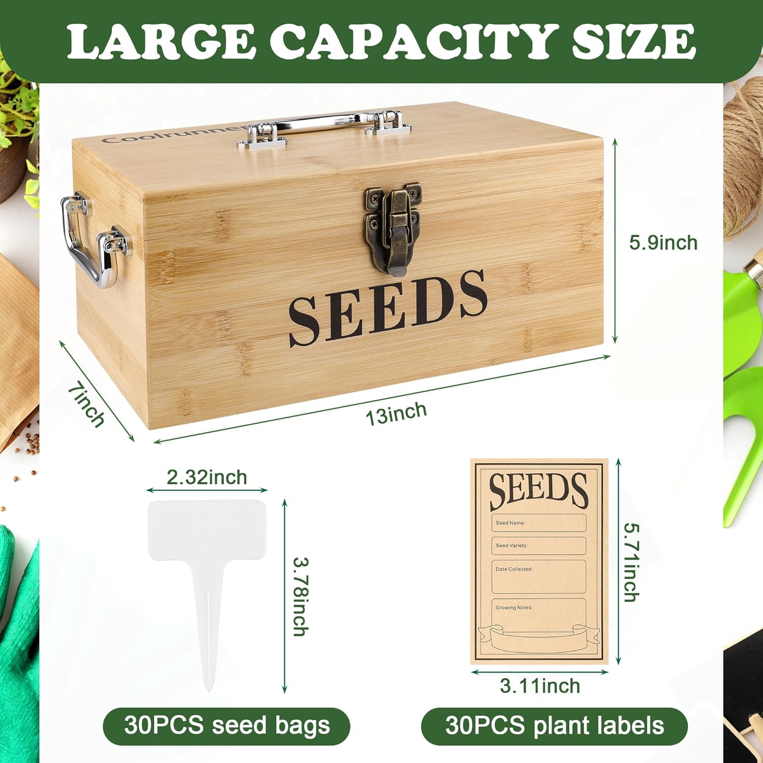 Coolrunner Wood Seed Saving Box, Seed Storage Organizer Case, Seed Packet Storage Organizer with Lock and 3 Handles, 30P Plant Labels, 30P Seeding Envelopes Bag