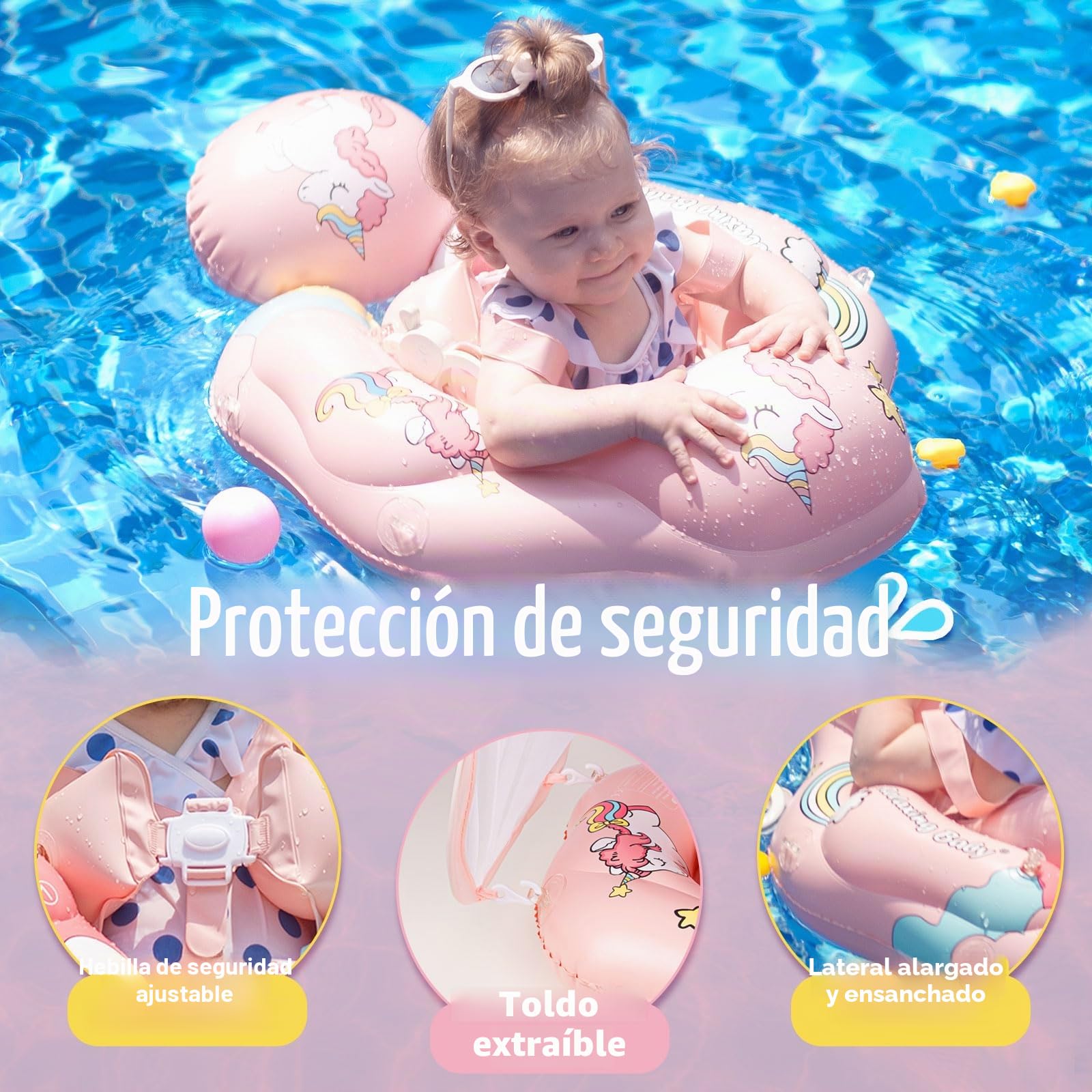 Flotador Para Bebé Con Toldo UPF50 - Ajustable Para 3-24 Meses, 5 Puntos De Sujeción, Seguro
