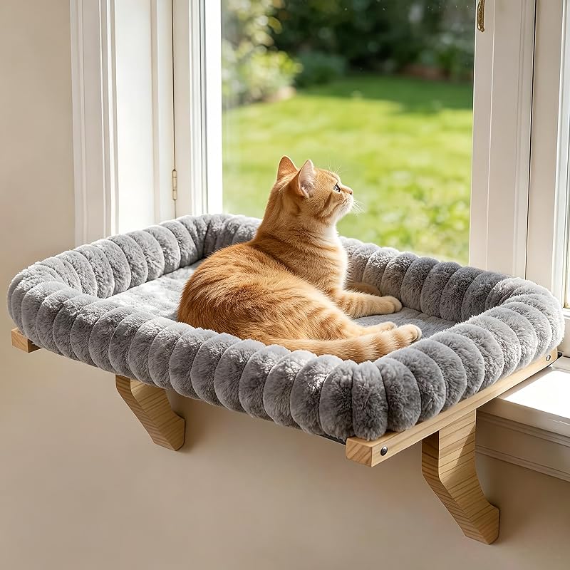 Cama de Janela para Gatos Zoratoo com Almofada Removível e Estrutura de Madeira, Cinza, Grande