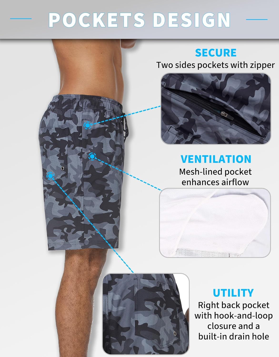 Flytop Mens Swim Trunks, Quick Dry Mesh Liner Board Shorts, Zipper Pockets, Above-Knee Bathing Suit - Image 3