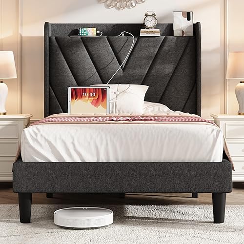 Miniatura 36 de koorlian Marco de cama Queen con plataforma tapizada ajustable de terciopelo con puertos tipo C y USB, cabecera de almacenamiento con respaldo de