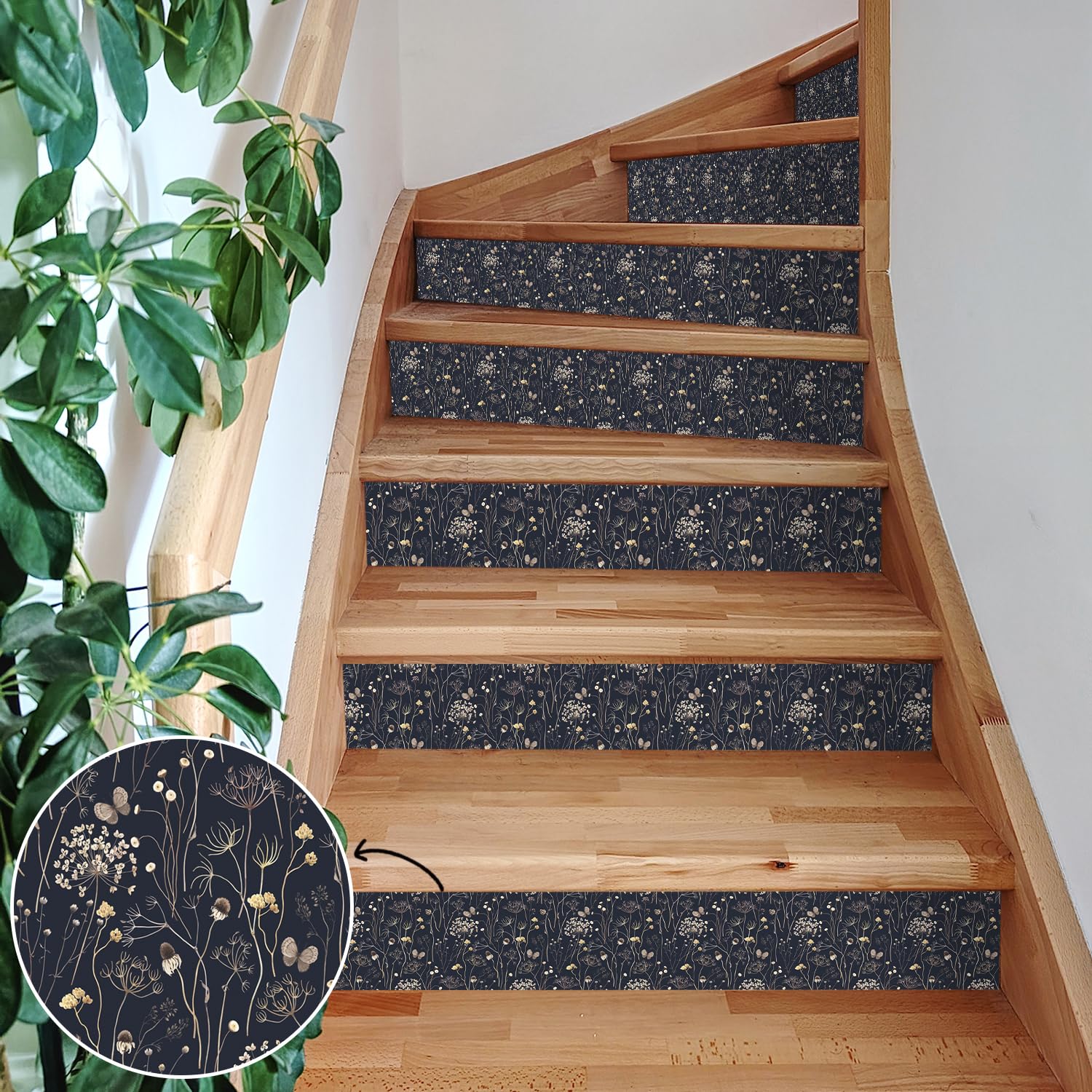 Alwayspon 7PCS Vinyl Self-Adhesive Stair Riser Decals, Black with Floral Peel and Stick Stair Stickers, Waterproof Removable Staircase Step Stickers for Home Decoration