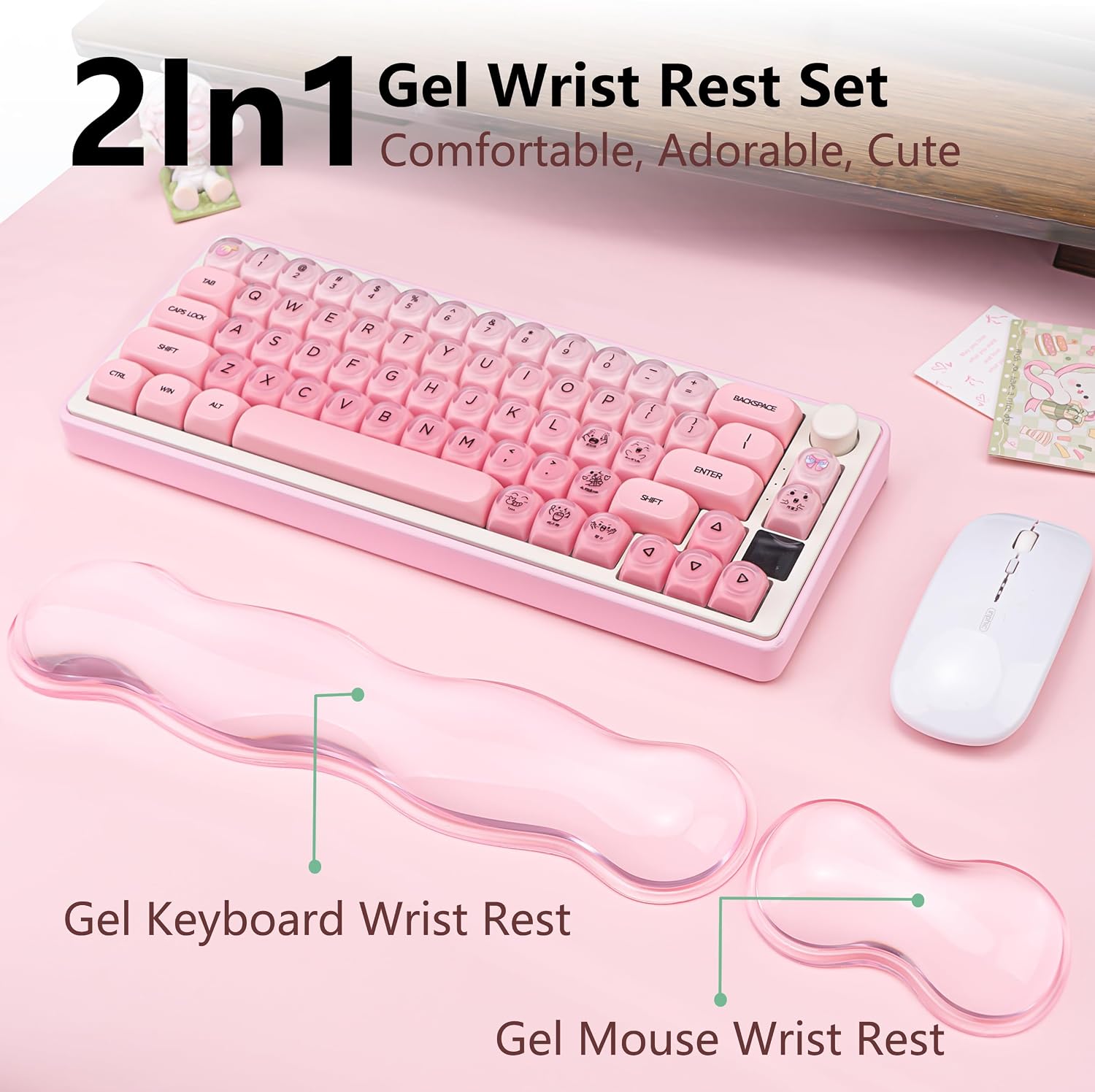 Gel Wrist Rest for Keyboard and Mouse - Pink Soft Ergonomic Silicone Wrist Rest, Clear Cute Desk Accessories for Gaming, Computer, Laptop