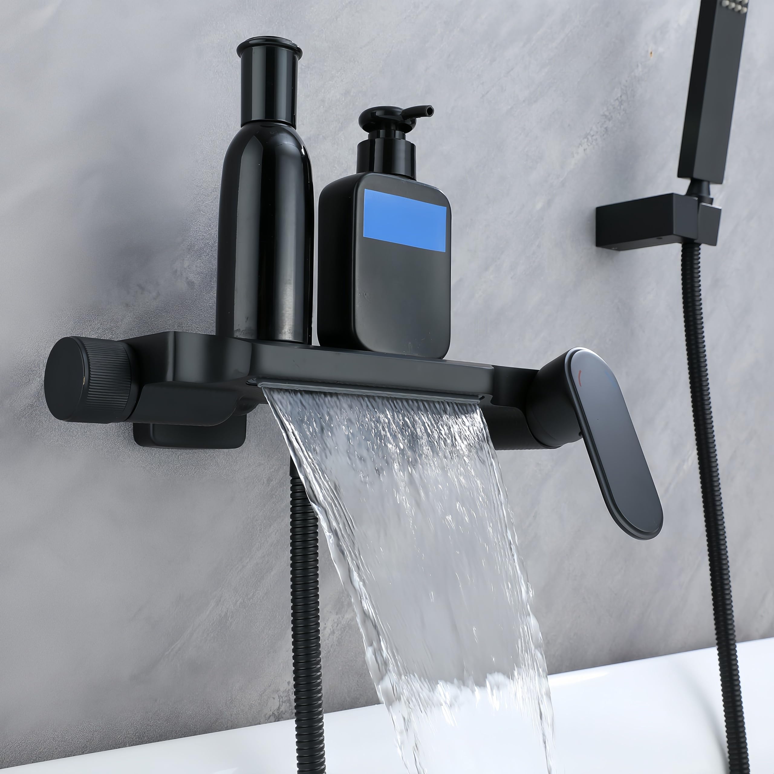 Grifo de Bañera Negro Cascada Con Ducha Monomando, Moderno Montaje en Pared de Latón Con Alcachofa