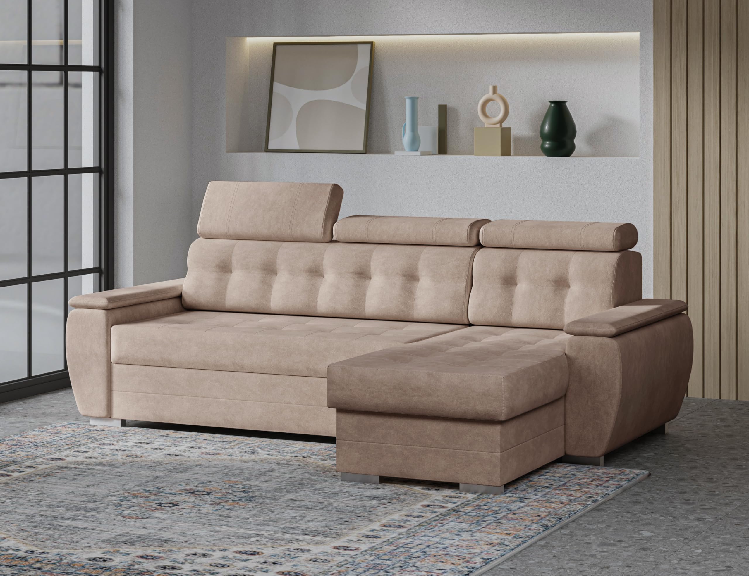 Robin Inspire Sofá Esquinero Cama - con Cajón y Espacio de Almacenamiento - Sofá Universal - Izquierdo y Derecho - 240 x 165 x 87 cm - Beige Tosaro