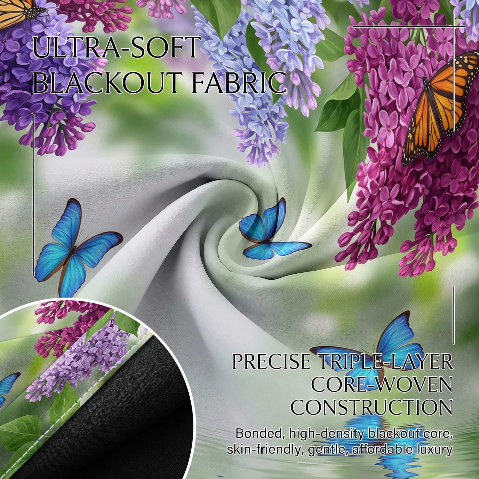 Generisch Natur Blumen Vorhänge für Schlafzimmer 138 x 117 cm (H x B), Thermo Verdunkelung Flieder Schmetterling Vorhang Wohnzimmer Kälteschutz - Blickdichte Gardinen mit Ösen, 2 Stück