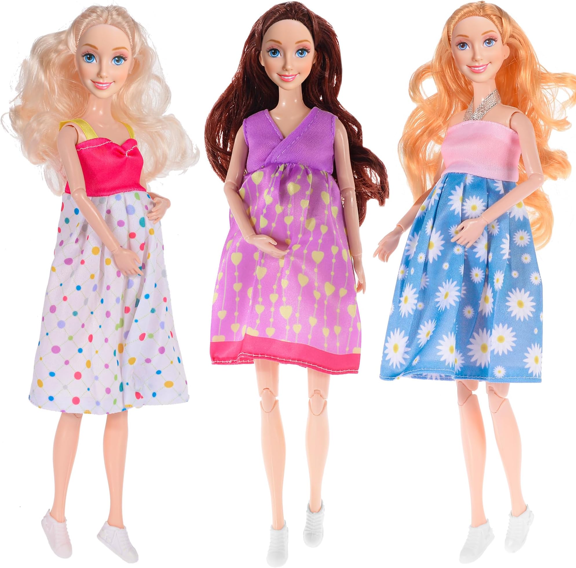 3-Pack 11.5 inch Pregnant Dolls - Fashion Dolls with Interchangeable Pregnant and Normal Bellies - Includes 3 Dolls, 3 Dresses, 3 Babies