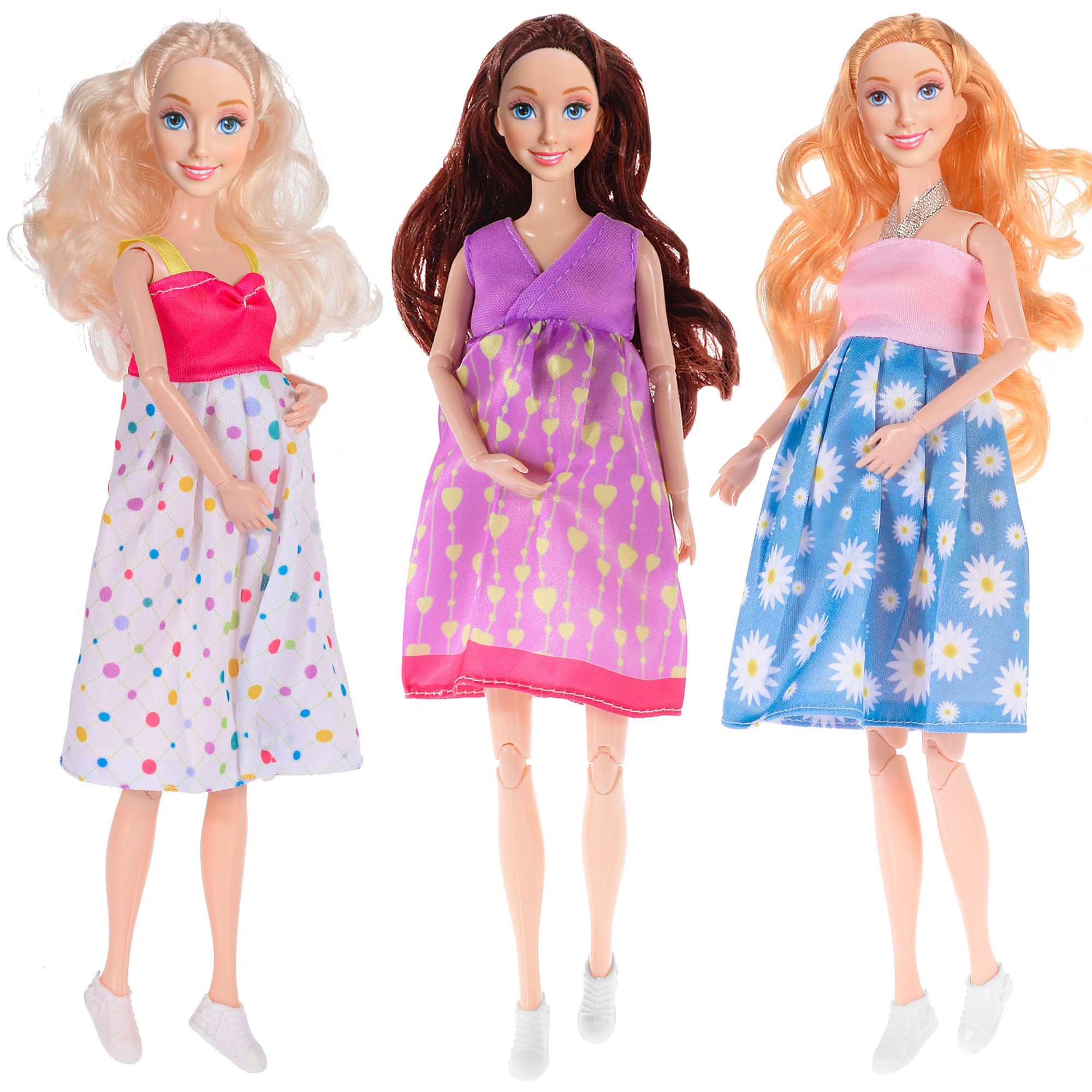 3-Pack 11.5 inch Pregnant Dolls - Fashion Dolls with Interchangeable Pregnant and Normal Bellies - Includes 3 Dolls, 3 Dresses, 3 Babies