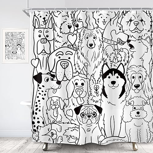 Miniatura 3 de SVBright Divertida cortina de ducha con diseño de perro, 72 pulgadas de ancho x 72 pulgadas de largo, diseño de dibujos animados en blanco y negro