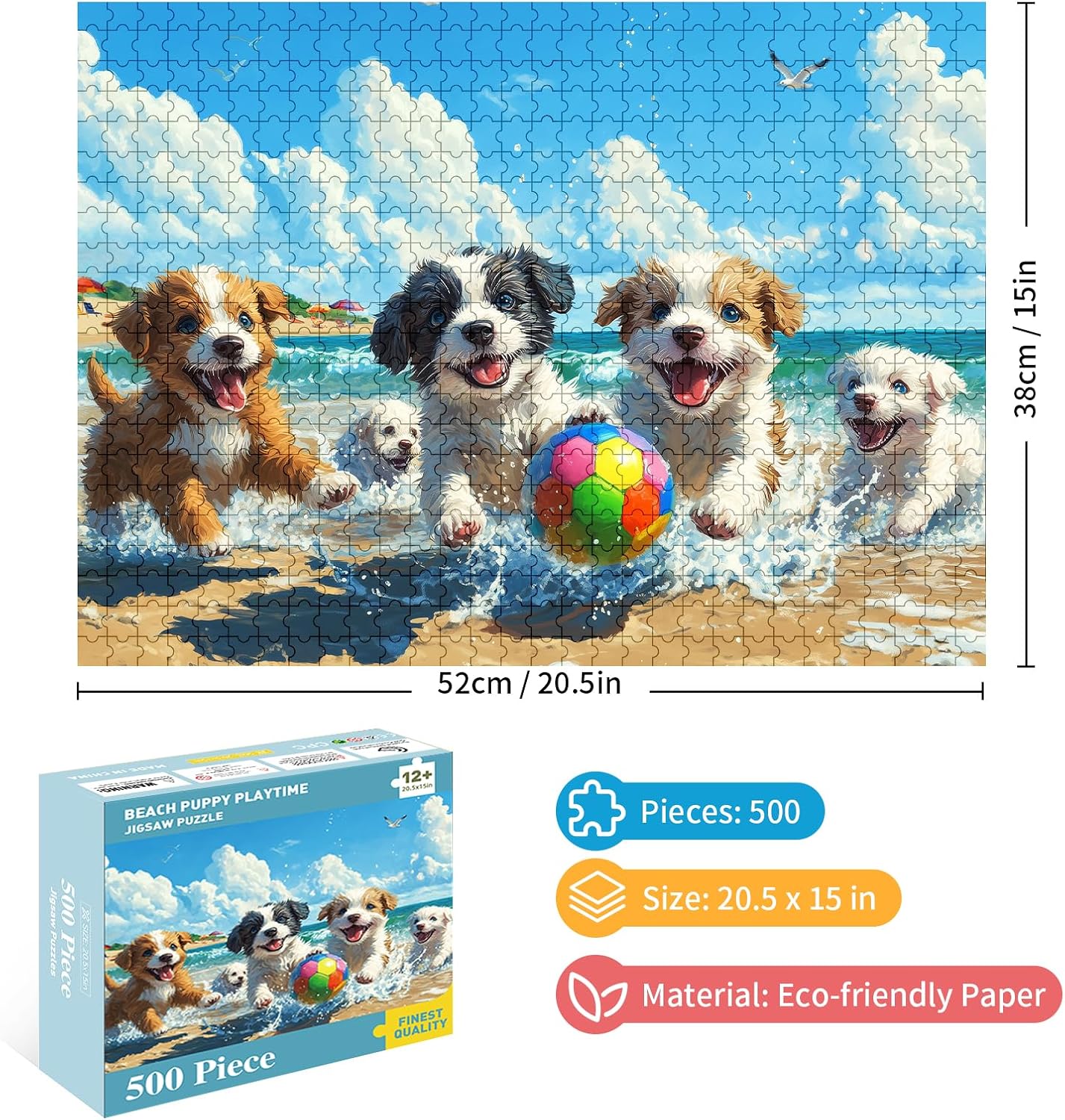 500 Piece Jigsaw Puzzle for Adults, Cute Puppies Playing on Beach with Colorful Ball and Ocean View, Summer Dog Puzzle for Family Game Night and Home Decor, 20.5 x 15 in