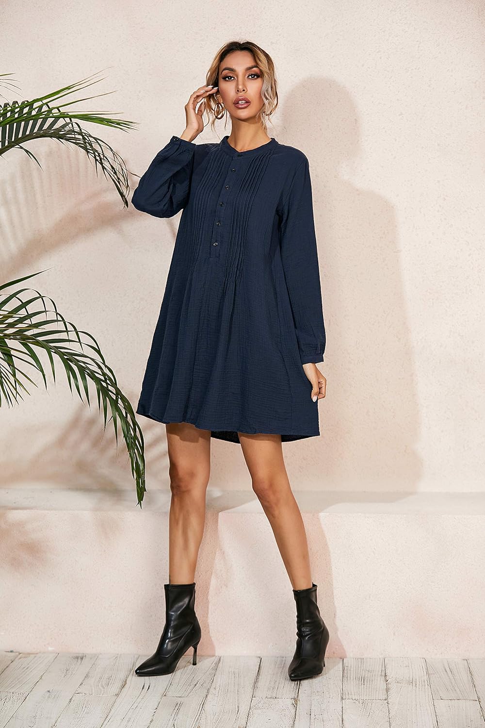 R.Vivimos Women's Tunic Dress Fall Cotton Button Down Long Sleeves Casual Mini Shirt Dress - Image 5