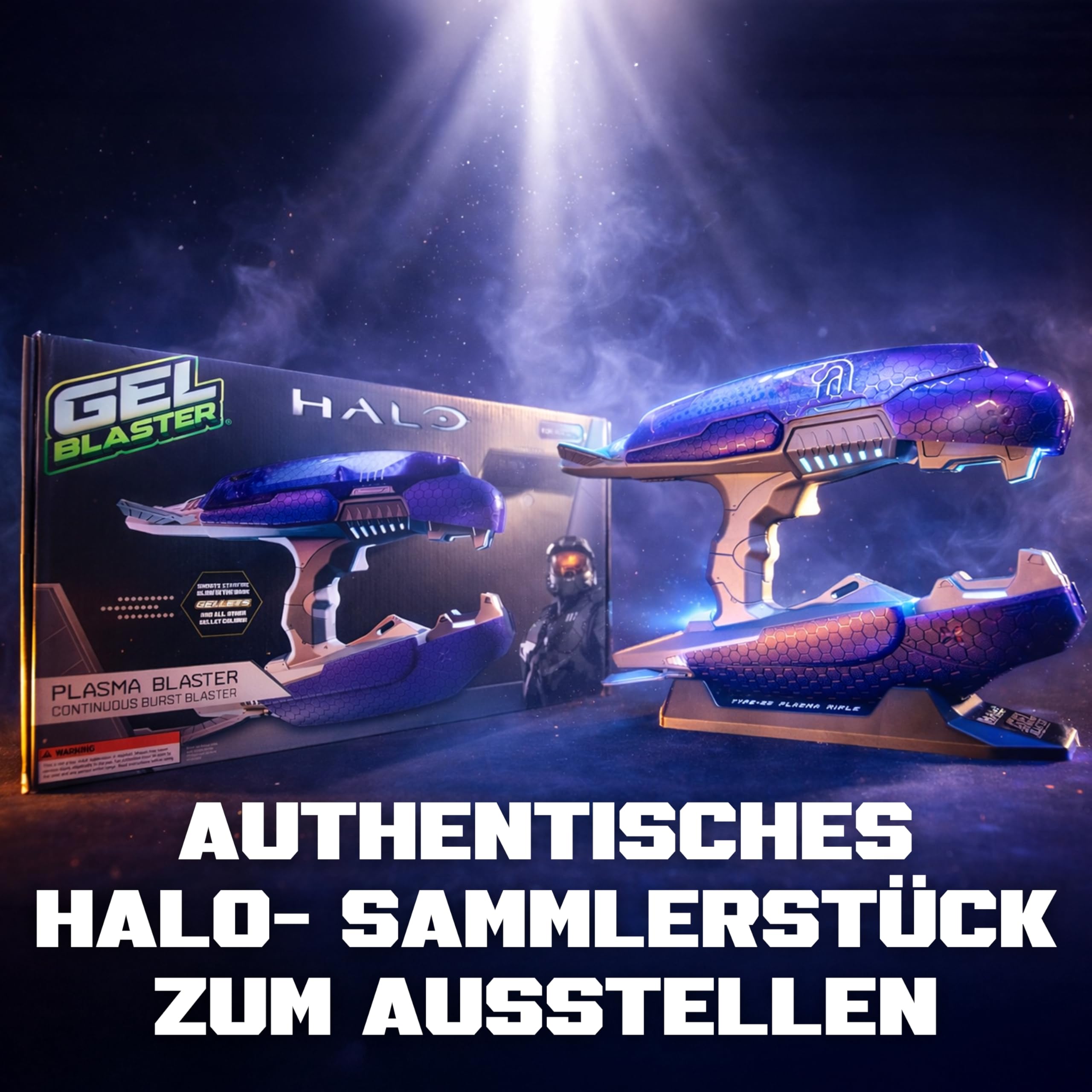 Gel Blaster Halo Plasma Rifle | Offiziell lizenzierte Halo-Replik | Glow-in-the-Dark Gellets | Entwickelt für Spartans & Covenant | Für Gamer designt | Gel-Kugel-Blaster mit Display-Ständer | 14+