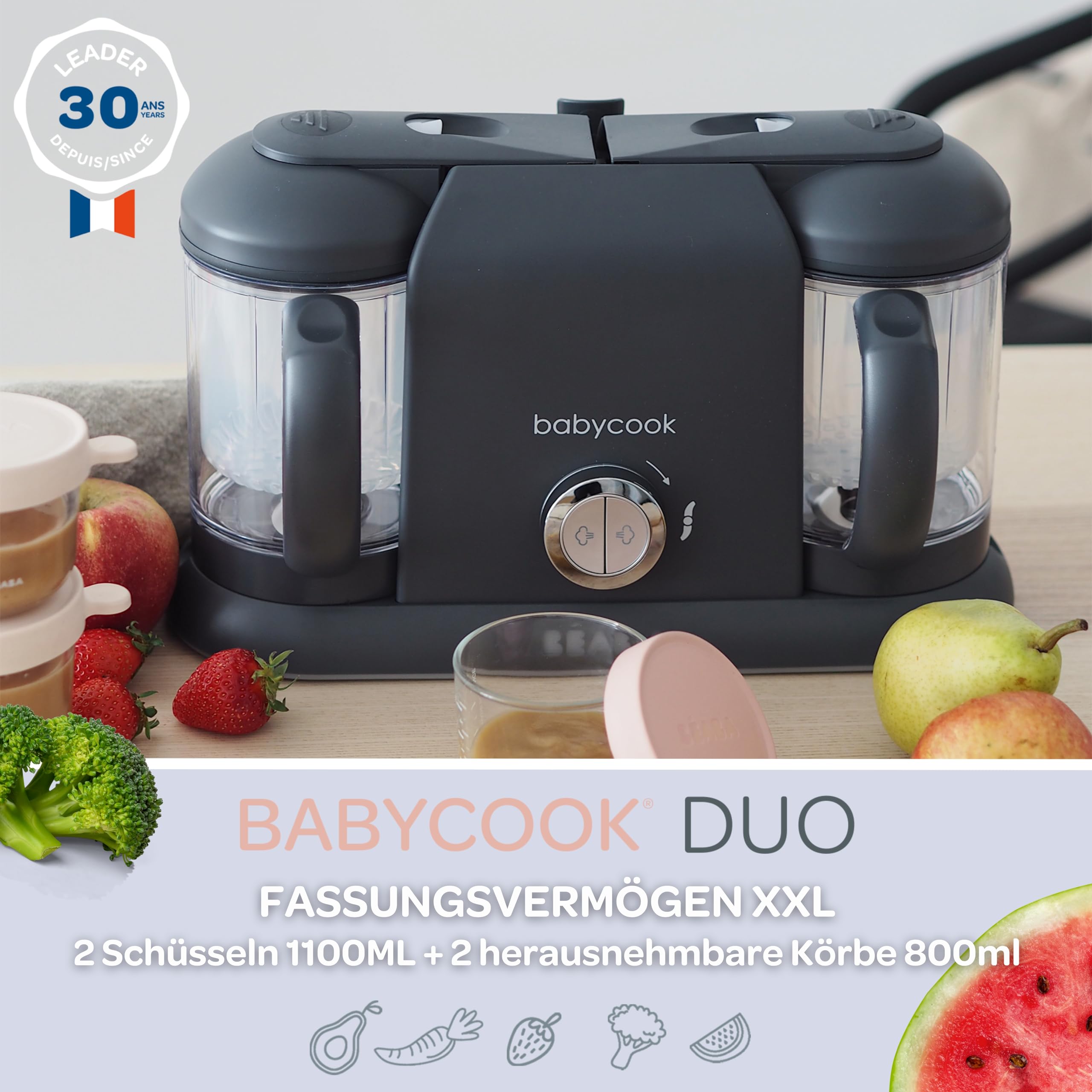 Béaba Babycook Duo Küchenmaschine 4 in 1 Mixer Schnelldampf 15 min Diversifizierung Lebensmittel Kleine Töpfe Baby Haus XXL Inhalt 2200 ml Dark Grey, 912952, Dunkelgrau