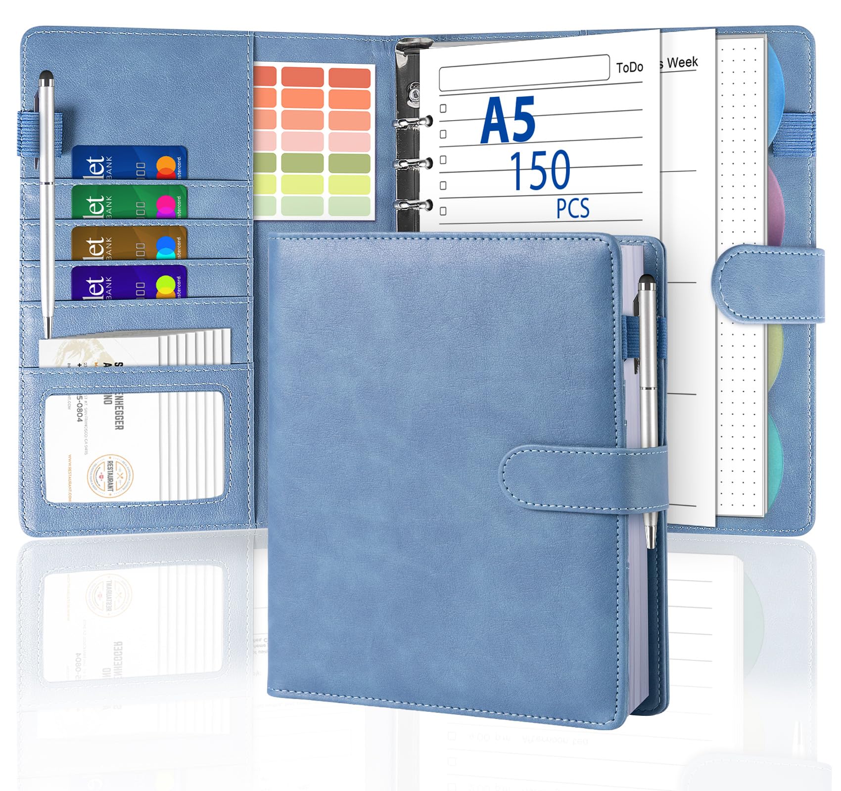 Agoer Carpeta de piel sintética A5, cuaderno recargable con 150 hojas de papel de repuesto, 4 separadores de archivos, calcomanías y sobres con cremallera, juego de carpetas de 6 anillas para oficina