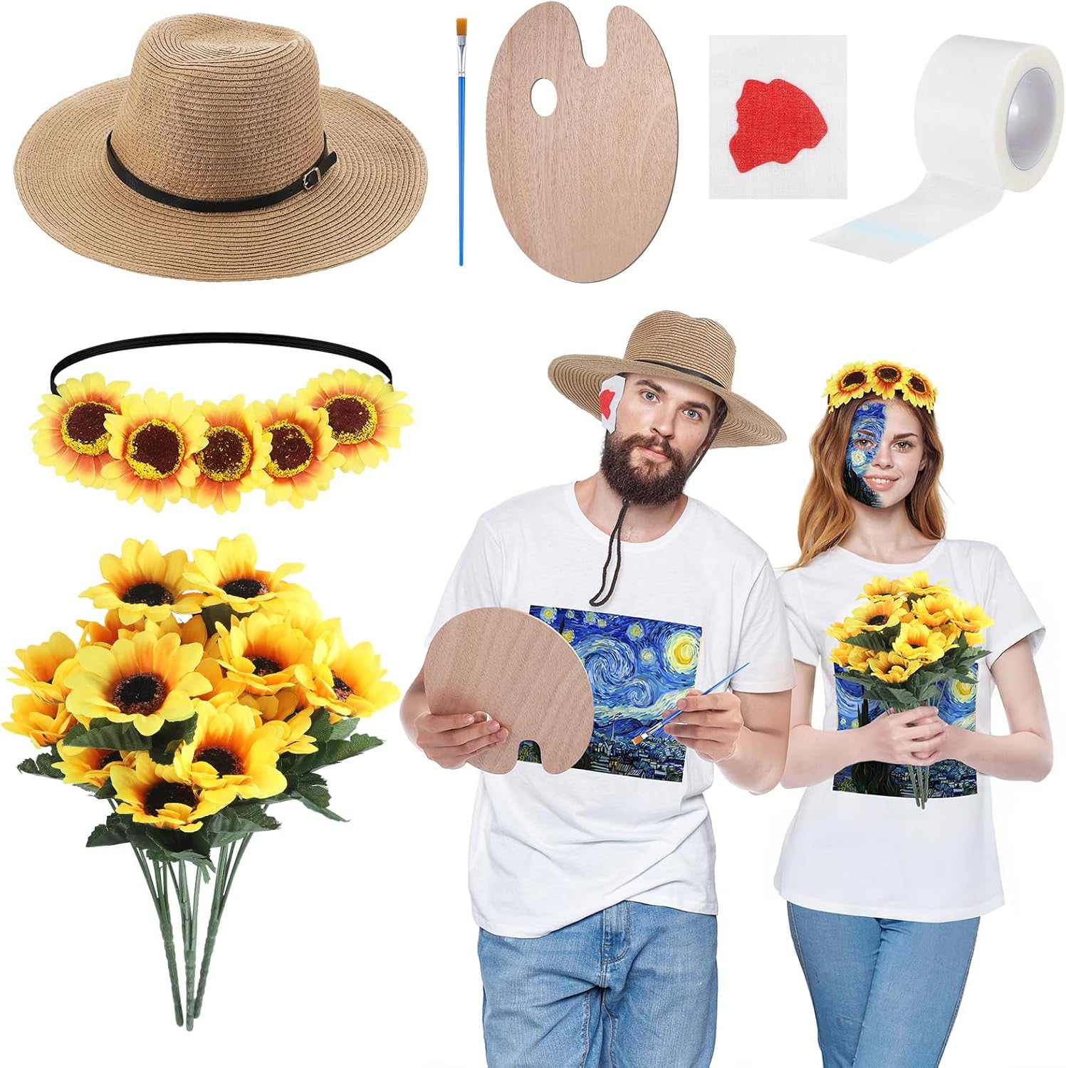 8 Pcs Halloween Couple Costume Set Painting Artist Couple Costume Accessories for Adults Include Painting Palette Brush Sunflower Headband Hat Blood Stained Gauze for Halloween Cosplay Party