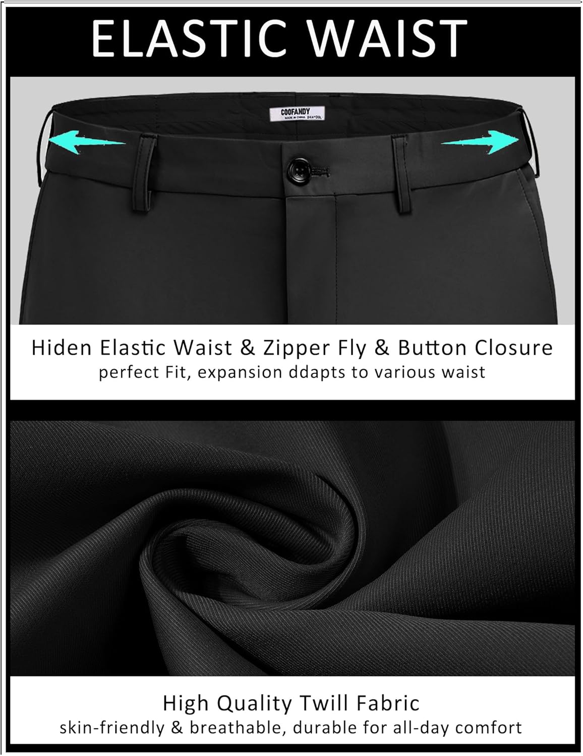 COOFANDY Mens Dress Pants Classic Formal Slim Fit Flat Front Slacks Casual Expandable Waist Suit Pants