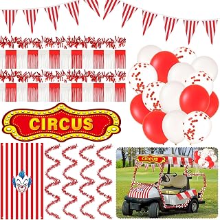 Thyle 22 Pcs Circus Golf Cart Decorations Kit Include Carnival Pennant Banner Hanging Streamers Curtains Tinsel Garland Balloons Circus Banner Parade Float Decor Party Supplies