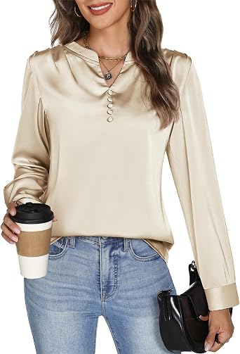 Womens Satin Silk Blouse Long Sleeve Button Front V Neck Shirt Business Casual Work Tops Lightweight Elegant Office Wear