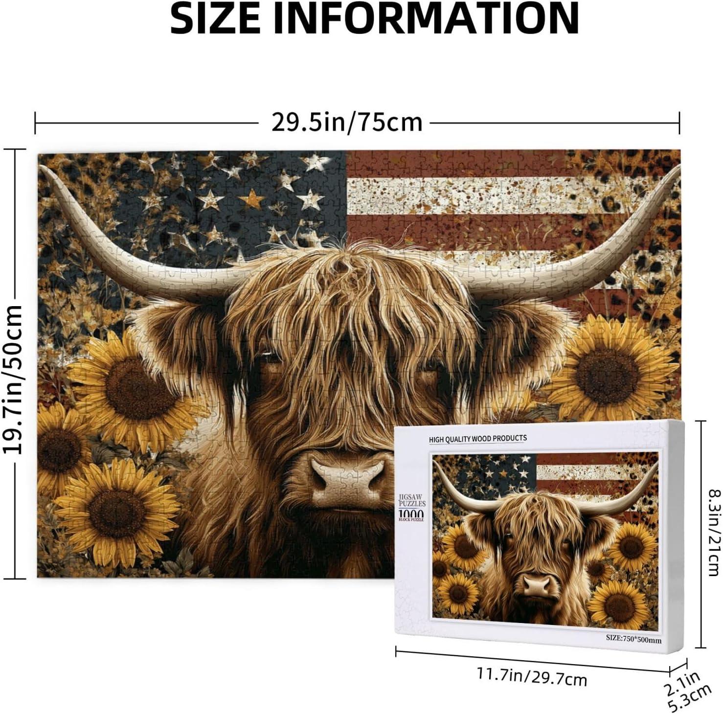1000 Pieces Wooden Puzzles for Adults, Highland Cow with Sunflowers & American Flag, Vintage Patriotic Art, Brain Training Game, Farmhouse Decor, Great Gift for Cow Fans