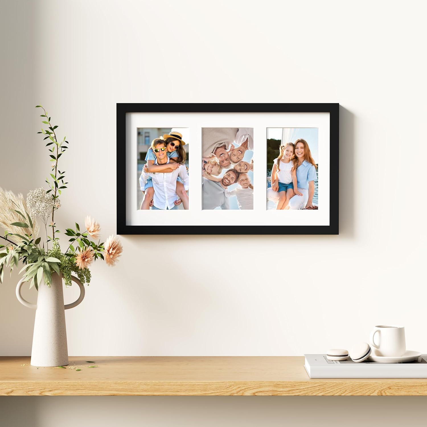 decorUhome 8x14 Picture Frames Collage Wall Decor, Display 3Pcs 4x6 Photos with Mat or 1Pcs 8x14 Unmatted, 3 4x6 Collage Picture Frames for Wall Mounting, Black - Image 3