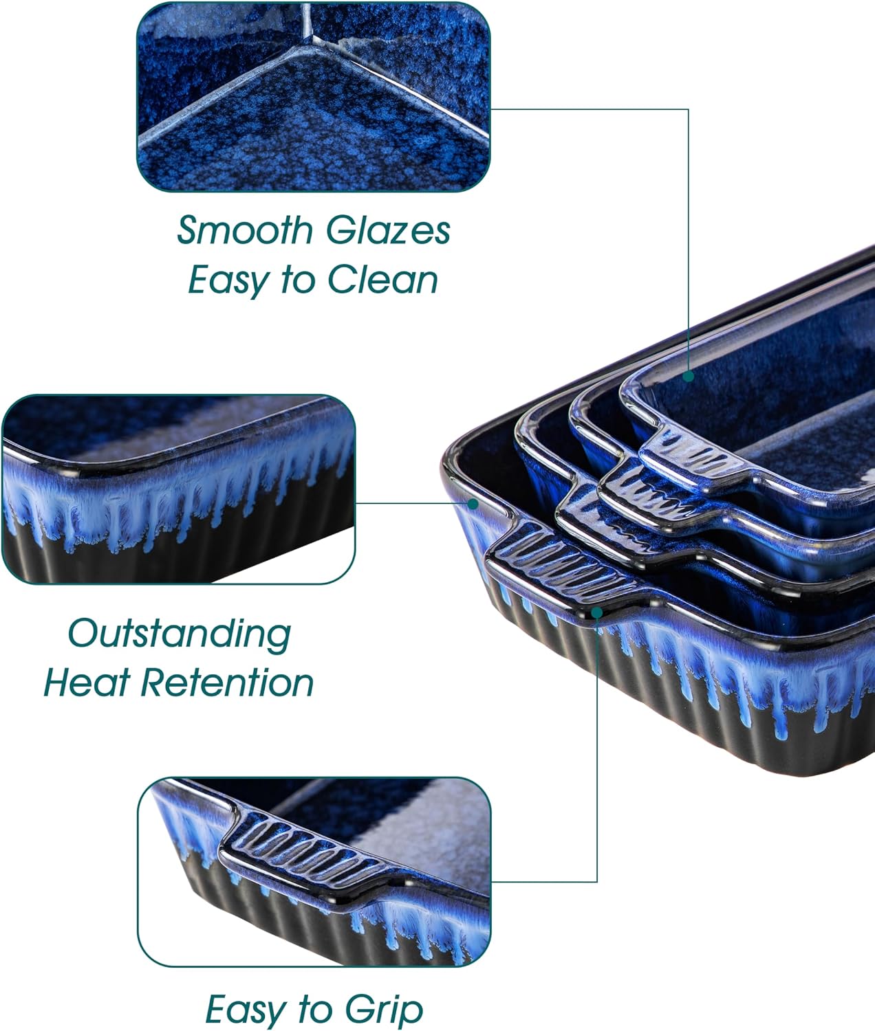 vancasso Ceramic Casserole Dishes for Oven, Reactive Glaze Baking Dishes Set of 4, Deep Rectangular Lasagna Pans with Handles, Ceramic Bakeware Set, Microwave Dishwasher Oven Safe, Blue (9.4"/11.1"/12.2"/14.7")