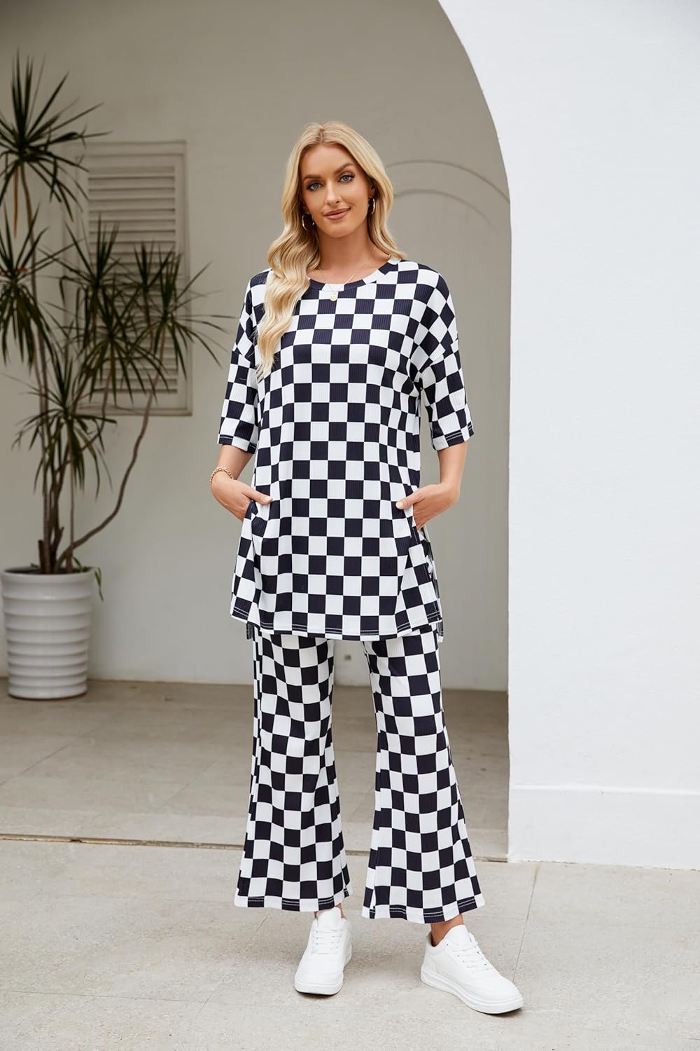 Two Piece Sets for Women 2025 Short Sleeve Top and Wide Leg Pants Matching Lounge Set Ribbed Fall Vacation Outfits - Image 2