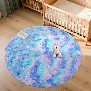Rainbow Round Rug for Bedroom, 5Ft Fluffy Circle Area Rugs for Living Room, Shag Fuzzy Carpet for Kids Room, Nursery, Dorm, Classroom, Teen, Cute Baby Play Mat Home Decor Aesthetic, Blue