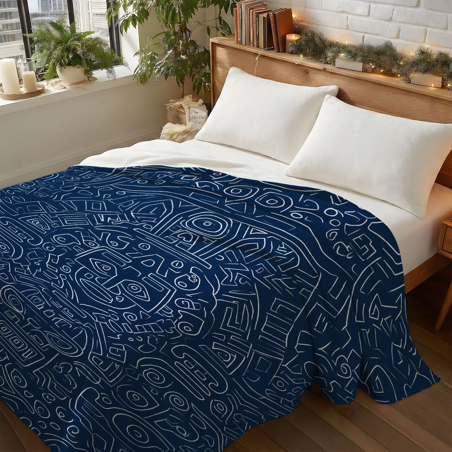 Générique Niebiesko-biały koc flanelowy z tradycyjnym wzorem kultury, symbol symetrii, przytulny koc 180 cm x 200 cm, na łóżko, sofę, wystrój pokoju dziecięcego