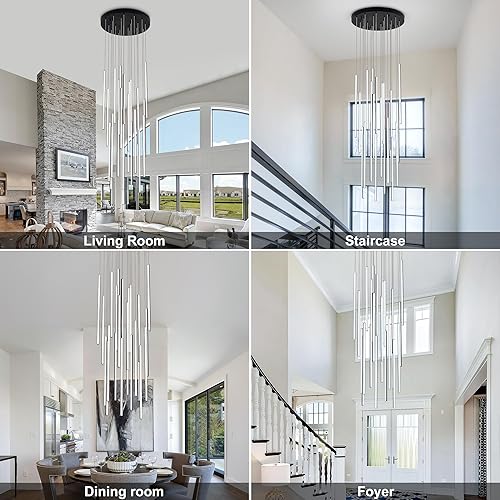 Miniatura 7 de Lámpara LED moderna en agrupación de luz colgante LED negra, 24 luces regulables, techo alto, gran lámpara colgante para loft, villa, sala de estar,