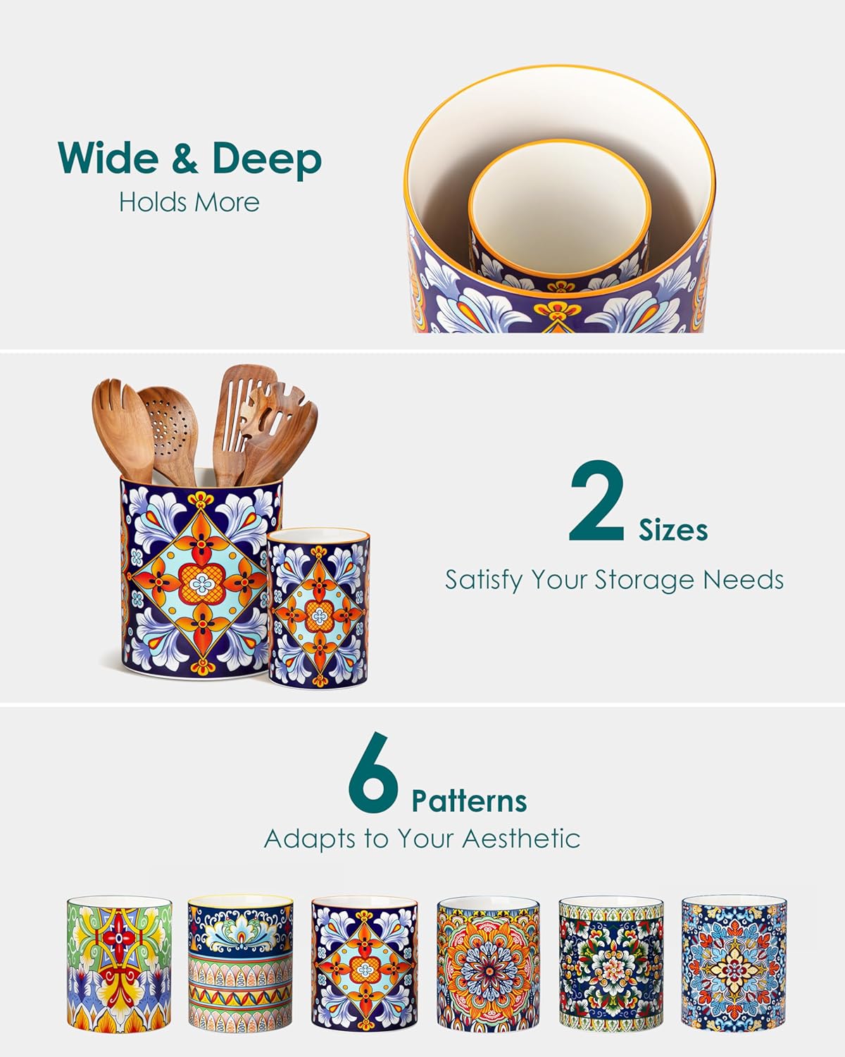 vancasso SIMI Utensil Holder, 7.3"+5.5" Porcelain Kitchen Utensil Holder for Countertop, Bohemian Kitchen Utensil Organizer for Spatulas, Spoons, Decorative Counter Utensil Crock, Amber Elegance