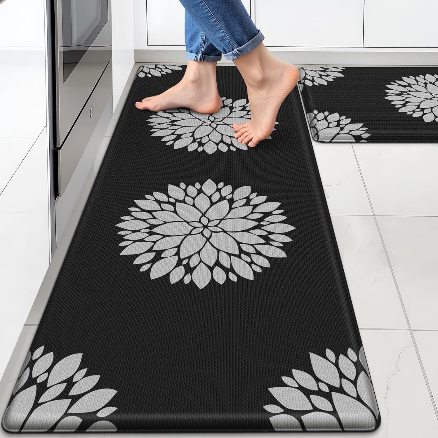 Kitchen Mats for Floor[2PCS], Soft Anti Fatigue Kitchen Rugs for Home, Water Resistant Cushioned Standing Desk Mats, Non-Slip Comfort Mat for Floor, Kitchen, Office, Sink, Laundry,Black