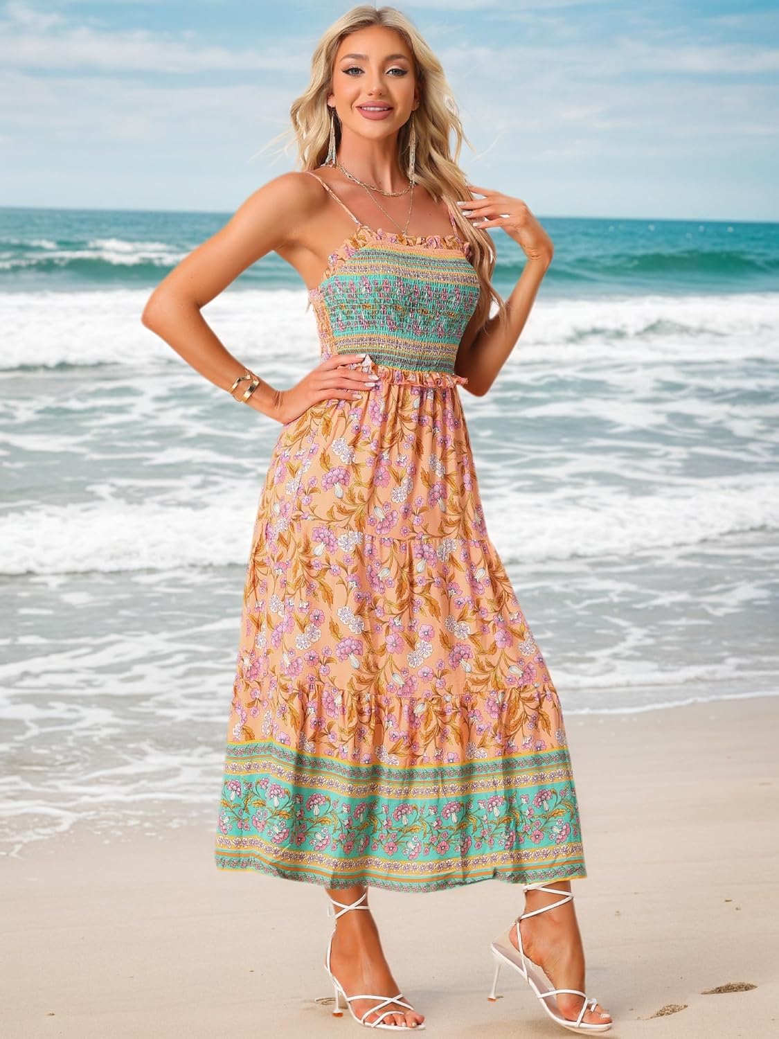 Allegra K Boho Floral Dress for Womens Spaghetti Strap Flowy Smocked Tiered Maxi Dresses - Image 3