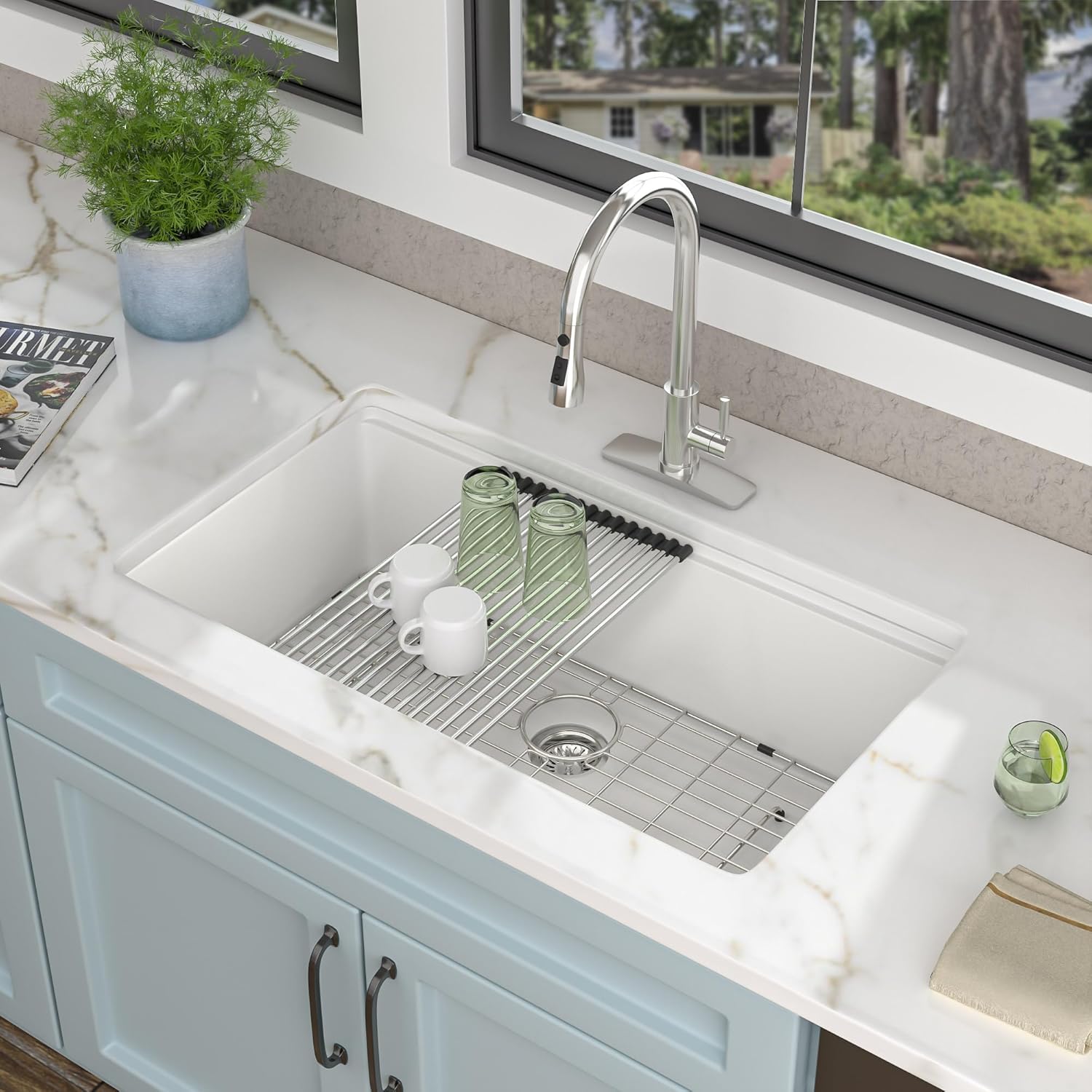 32"x19" Granite Composite Kitchen Sink - Ledge Workstation Undermount White Quartz Classic Under Counter Single Bowl Basin