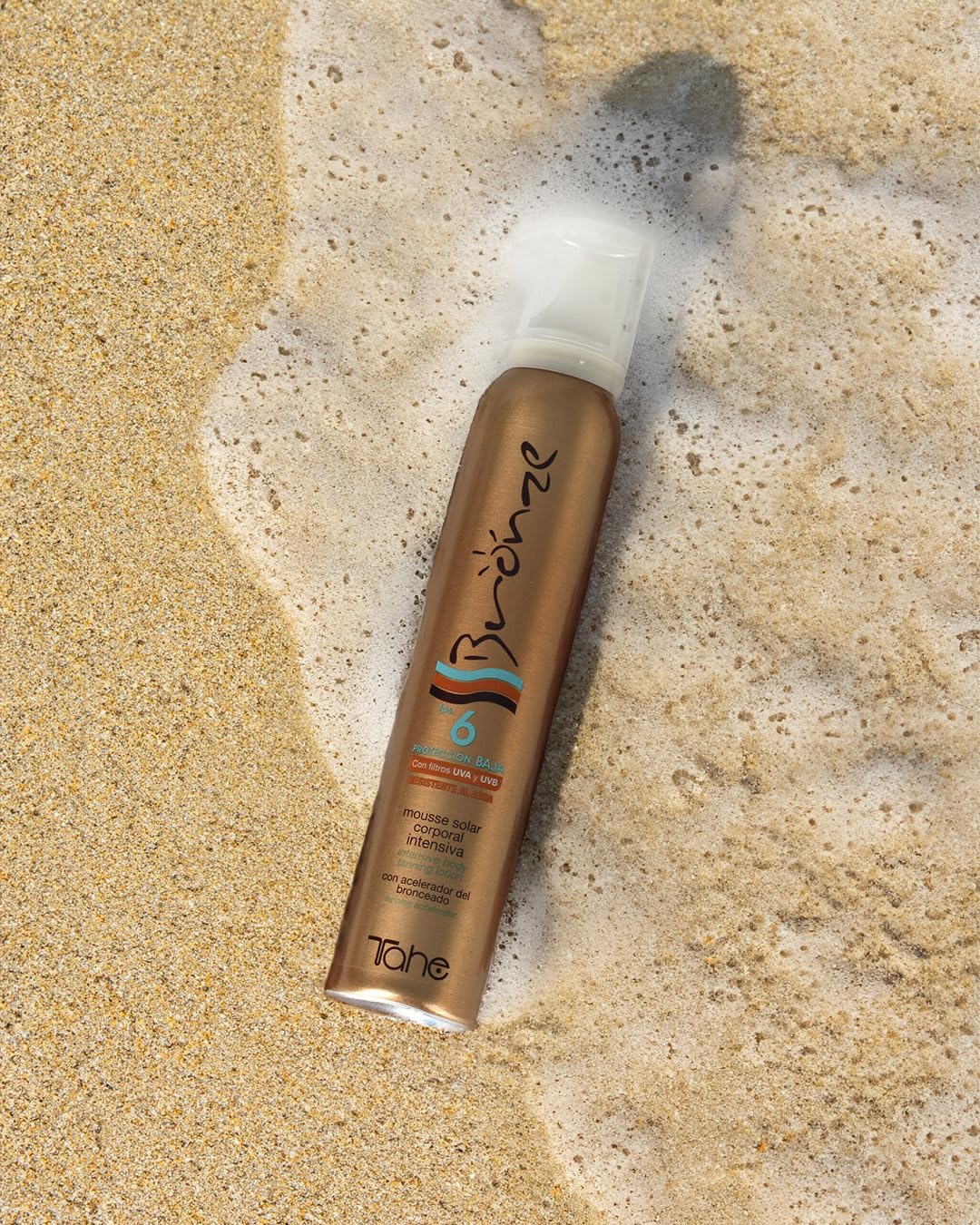 Tahe Bronze Protector Solar en Espuma Textura Mousse/Espuma Bronceadora Solar Intensiva Corporal con Activos Anticelulíticos y Reafirmantes, F.P.S. 6, 200 ml