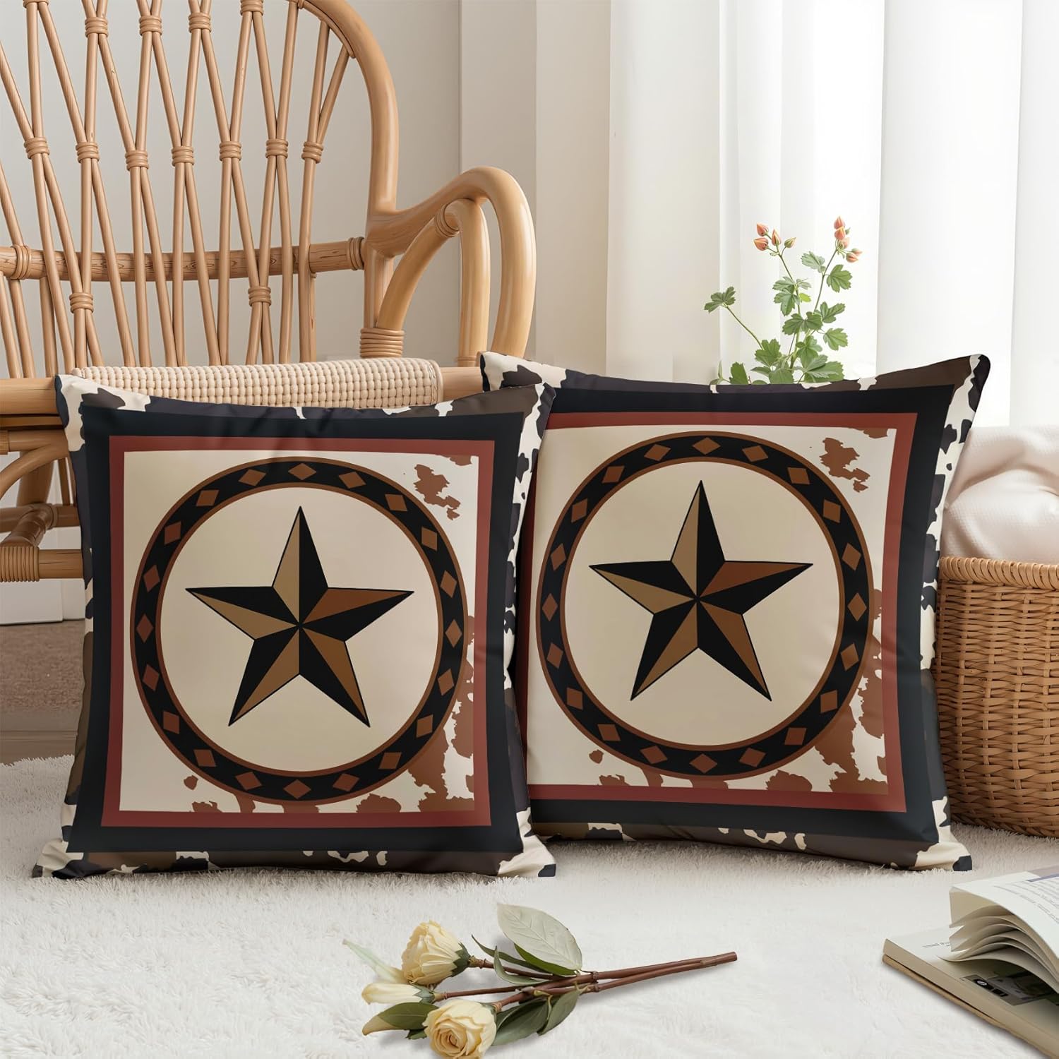 Texas Star Throw Pillow Covers 18x18 - Western Cowboy Rustic Brown Pillow Cases Set of 2 Double Sided Print, Soft Sofa Pillowcases for Living Room Decor