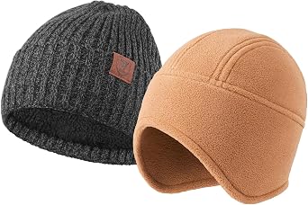 OZERO Winter Beanie 2-Pack Classic Knit Winter Beanie + Thermal Fleece Ear Flap Hat for Men & Women Grey&Coffee Brown