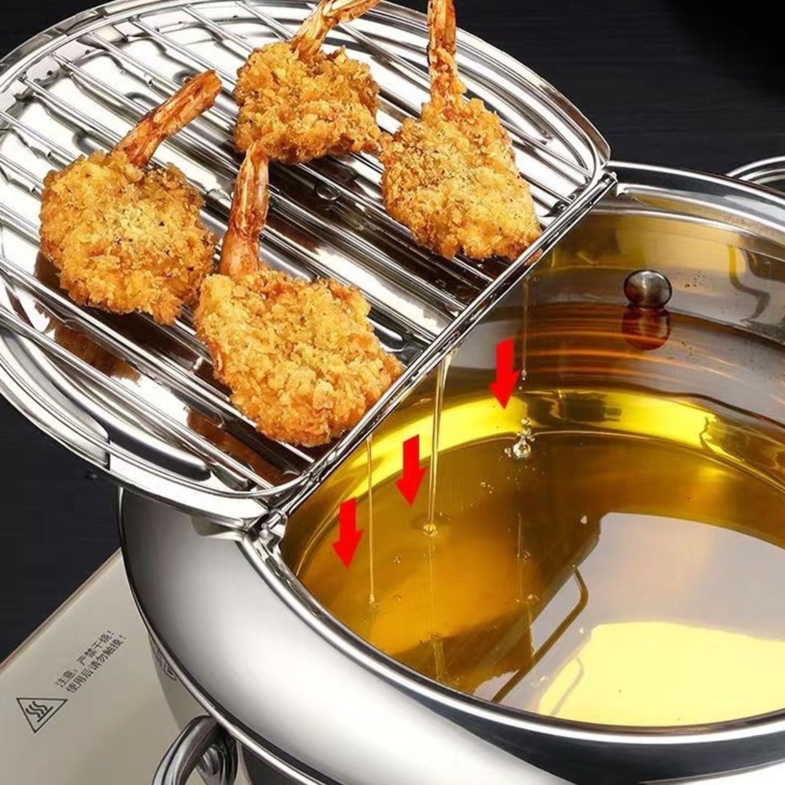 Sanpyl Deep Fryer Pot, 201 Stainless Steel Frying Pot with Lid Thermometer and Oil Drip Drainer Rack, Tempura Deep Fryer Pot for Kitchen French Fries Chicken (20cm)